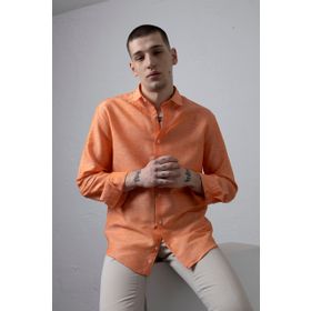 Alenmeza Erkek Turuncu Keten Cepsiz Modern Fit Gömlek