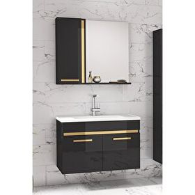 Alfa Banyo Yeni Gold Siyah 65 cm Aynalı Seramik Lavabolu Banyo Dolabı Takımı