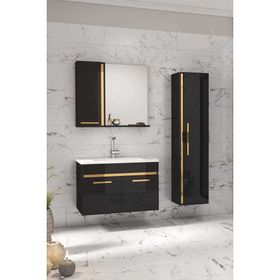 Alfa Banyo Yeni Gold Siyah 80+35 cm Boy Dolaplı Banyo Dolabı Takımı