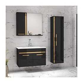 Alfa Banyo Yeni Gold Siyah 80+35 cm Boy Dolaplı Banyo Dolabı Takımı