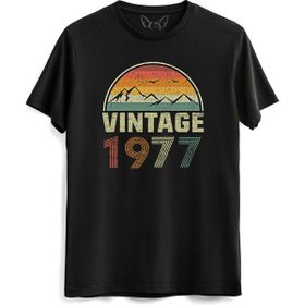 Alfa Tshirt Vintage 1977 Eskitme Kısa Kollu Siyah Erkek T-shirt