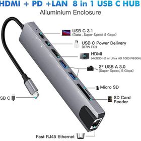Alfais 4681 Type-C To HDMI USB 3.0 SD MicroSD 8 İn 1 Kart RJ45 Ethernet Çevirici Dönüştürücü Adaptör