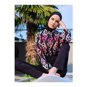 Alfasa Desenli Crop Tam Kapalı 23260-23 Pembe Tesettür Mayo