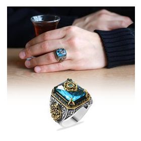 Alis Silver 925 Ayar Aqua Zirkon Taşlı Anadolu Deseni Motifli Gümüş Erkek Yüzük
