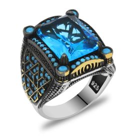 Alis Silver 925 Ayar Baget Kesim Aqua Zirkon Taşlı Geometrik Tasarım Gümüş Erkek Yüzük