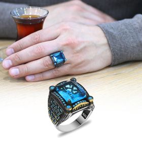 Alis Silver 925 Ayar Baget Kesim Aqua Zirkon Taşlı Geometrik Tasarım Gümüş Erkek Yüzük