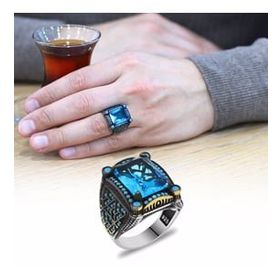 Alis Silver 925 Ayar Baget Kesim Aqua Zirkon Taşlı Geometrik Tasarım Gümüş Erkek Yüzük
