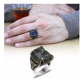 Alis Silver 925 Ayar Baget Kesim Mistik Topaz Taşlı Siyah Zirkon Taş Mıhlamalı Gümüş Erkek Yüzük