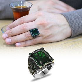 Alis Silver 925 Ayar Baget Kesim Yeşil Zirkon Taşlı Geometrik Tasarım Gümüş Erkek Yüzük