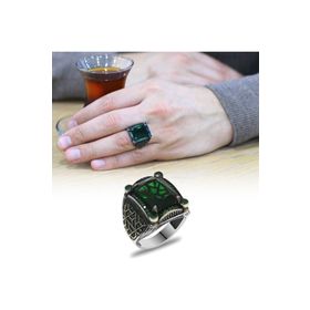 Alis Silver 925 Ayar Baget Kesim Yeşil Zirkon Taşlı Geometrik Tasarım Gümüş Erkek Yüzük