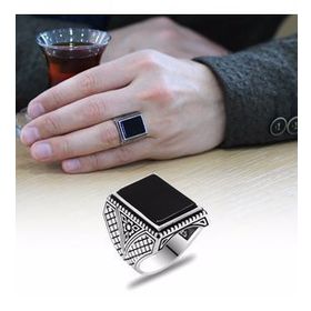 Alis Silver 925 Ayar Dikdörtgen Siyah Oniks Taşlı İtalyan Tasarım Gümüş Erkek Yüzük