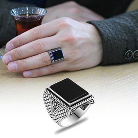 Alis Silver 925 Ayar Dikdörtgen Siyah Oniks Taşlı İtalyan Tasarım Gümüş Erkek Yüzük