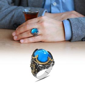 Alis Silver 925 Ayar Faset Aqua Zirkon Taşlı Kral Tacı Tasarım Gümüş Erkek Yüzük