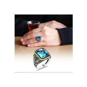 Alis Silver 925 Ayar Faset Kesim Aqua Zirkon Taşlı Mikro Zirkon Taş Mıhlamalı Gümüş Erkek Yüzük
