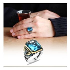 Alis Silver 925 Ayar Faset Kesim Aqua Zirkon Taşlı Mikro Zirkon Taş Mıhlamalı Gümüş Erkek Yüzük