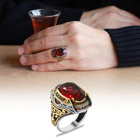 Alis Silver 925 Ayar Faset Kesim Kırmızı Zirkon Taşlı Mikro Zirkon Taş Mıhlamalı Gümüş Erkek Yüzük