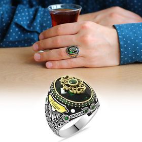 Alis Silver 925 Ayar Faset Kesim Yeşil Zirkon Taşlı Kişiye Özel İsim Yazılı Gümüş Erkek Yüzük