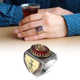 Alis Silver 925 Ayar Fetih 1453 Temalı Faset Kesim Kırmızı Zirkon Taşlı Gümüş Erkek Yüzük