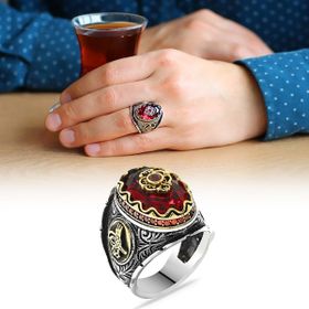 Alis Silver 925 Ayar Tuğra Figürlü Faset Kesim Kırmızı Zirkon Taşlı Gümüş Erkek Yüzük