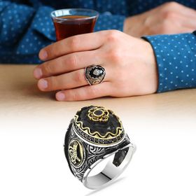 Alis Silver 925 Ayar Tuğra Figürlü Faset Kesim Siyah Zirkon Taşlı Gümüş Erkek Yüzük