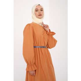 Allday 22DX60039AL0 Turuncu Büzgülü Kemerli Kadın Elbise