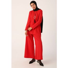 Allday 23DB30011AL0 Kırmızı Kolyeli Bol Paça Pantolonlu Tunikli Takım