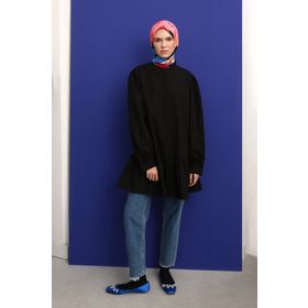Allday 23DB53023AL0 Siyah Nervürlü Yakasız Pamuklu Tunik