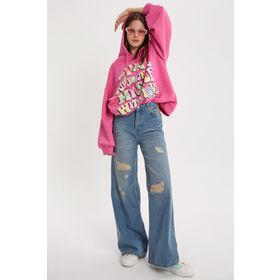 Allday 23JX70122AL0 Mavi %100 Pamuk Yırtık Detaylı Bol Paça Denim Kadın Pantolon