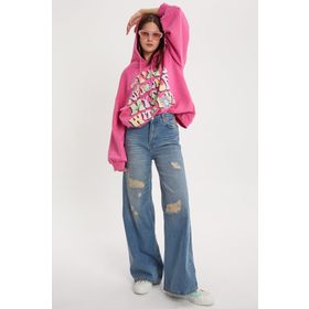Allday 23JX70122AL0 Mavi %100 Pamuk Yırtık Detaylı Bol Paça Denim Kadın Pantolon