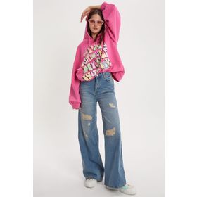 Allday 23JX70122AL0 Mavi %100 Pamuk Yırtık Detaylı Bol Paça Denim Kadın Pantolon