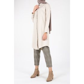 Allday 51134 Bej Gizli Patlı Ekoseli Gömlek Tunik