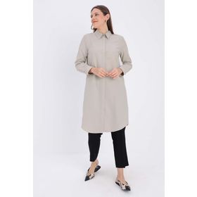 Allday 51134 Bej Gizli Patlı Ekoseli Gömlek Tunik