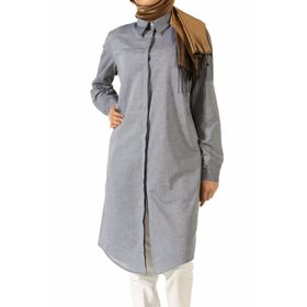 Allday 51141 Lacivert Gizli Patlı Ekose Gömlek Tunik