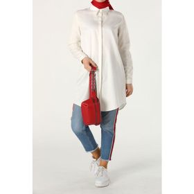 Allday 51268 Ekru Gizli Patlı Ekoseli Gömlek Tunik