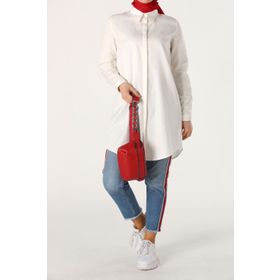 Allday 51268 Ekru Gizli Patlı Ekoseli Gömlek Tunik
