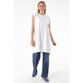 Allday Beyaz Büyük Beden Kolsuz Basic T-shirt Tunik