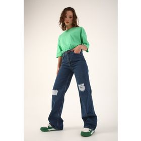 Allday Mavi %100 Pamuk Yırtık Detaylı Wide Leg Pantolon