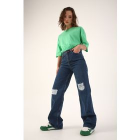 Allday Mavi %100 Pamuk Yırtık Detaylı Wide Leg Pantolon