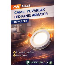 Alles 7 W Camlı Yuvarlak Beyaz Led Panel Armatür