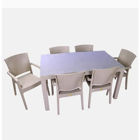 Almina Italy 80x140 Kapuçino Renk Camlı 6 Kişilik Rattan Desenli Bahçe Masa Takımı