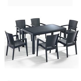 Almina Italy 90x150 Antrasit Renk Camlı 6 Kişilik Rattan Desenli Bahçe Masa Takımı