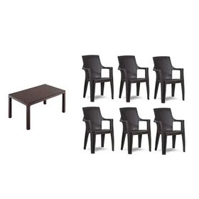 Almina Italy Pro Rattan 80x140 cm Masa 6 Adet Sandalye Acı Kahve Renk Bahçe Mobilya Takımı