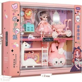 Aloneling Çocuksu Barbie Kız Prenses Açık Pembe Bebek Hediye Kutusu Seti