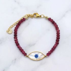 Altın Kaplama Göz Motifli Bordo Mercan Bileklik