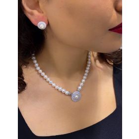 Altın Modeli Düz Şık İnci Kolye Küpe 925 Gümüş Set