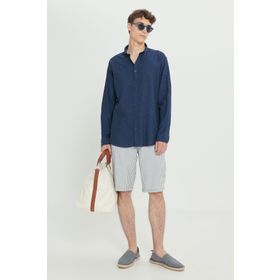 Altınyıldız Classics Erkek Lacivert-Ekru %100 Pamuk Keten Görünümlü Comfort Fit Rahat Kesim Çizgili Yan Cep Şort