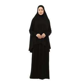 Altobeh Pamuklu Yarasa Kollu Siyah Başörtülü Organik Tesettür Pratik İki Parça Namaz Elbisesi
