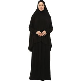 Altobeh Pamuklu Yarasa Kollu Siyah Başörtülü Organik Tesettür Pratik İki Parça Namaz Elbisesi