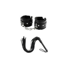 Alvera Collection 2li Set Siyah Fantazi Deri Kırbaç Peluş Tüylü Metal Zincirli Kemerli Fantazi Deri Kelepçe