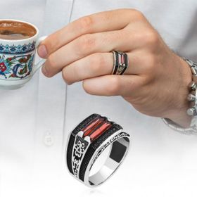 ALYANSEVİM GNS58449 2 Sıra Dik Kırmızı Baget Taşlı 925 Ayar Gümüş Erkek Yüzük